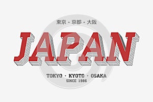 Japan slogan for t shirt of asian citys. Tee shirt typography graphics with inscription in Japanese. Vector photo